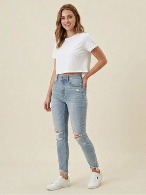 AE Factory Distressed Ripped Busted Knees Light Wash Super Stretch Skinny Jeans
